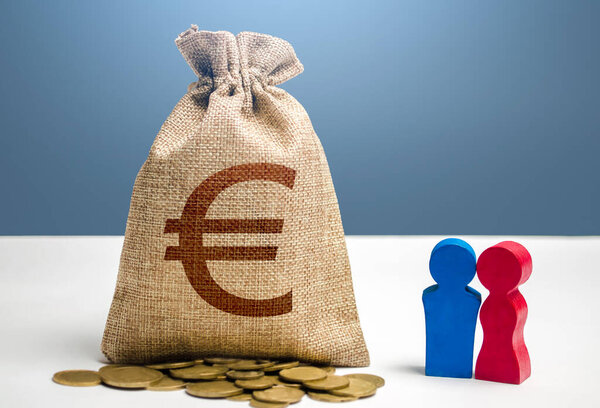 Couple figurines and euro money bag. Social policy to encourage family creation. Segmentation. Marketing and targeting. Demographic grant. Investments. Budget. Social research, consumer preferences.