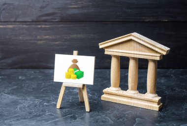 Banka ve para. Hükümet binası. Bankada mevduat var. Fonları artırmak için yatırım araçları kullanmak, enflasyonist riskleri azaltmak. Bütçe. Vergi tahsilatı. Finansal sistem, ticaret