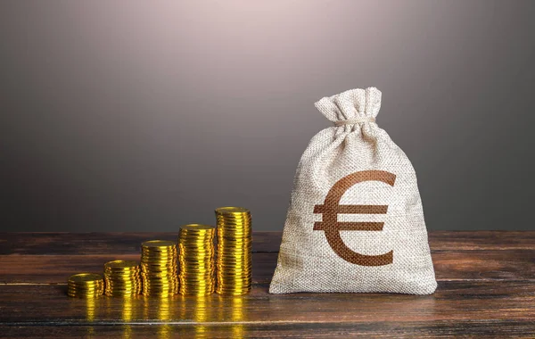 Bolsa Dinero Euros Pilas Crecientes Monedas Ahorro Acumulación Aumento Beneficios —  Fotos de Stock