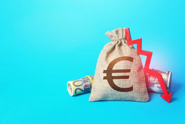 Euro Geld Zak Pijl Naar Beneden Winsten Dalen Daling Van — Stockfoto