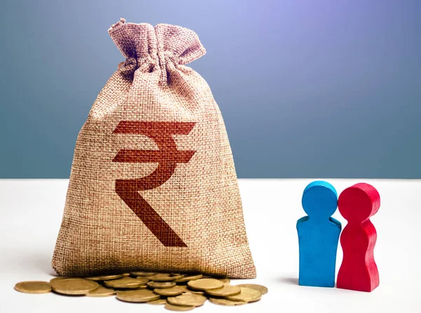 Couple figurines and indian rupee money bag. Budget. Social research, consumer preferences. Segmentation. Marketing and targeting. Investments. Social policy to encourage family creation.