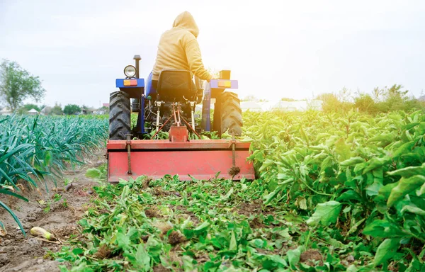 Farmer Tractor Cultivates Soil Harvesting Seasonal Farm Work Selective Focus — Photo