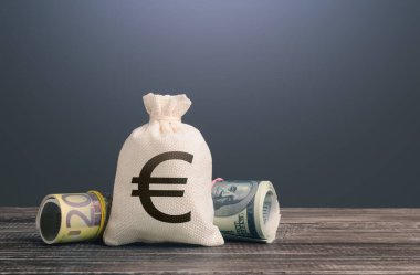 Euro money bag. Deposits and savings. Loans and credits, mortgage. Banks and finance. Investments, fundraising. Dollar and euro. Economics and currency exchange, stock market. Funding and grants.