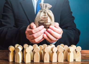 Businessman holds out a money bag to the crowd. Official. Staff maintenance. Tax collection. Compensation payments. Share profit. Providing money, paying salaries and grants. Financial support.