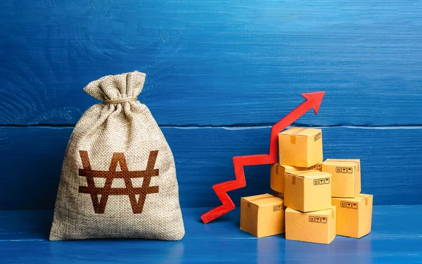 South Korean Won Money Bag Boxes Arrow Good Consumer Sentiment — Stockfoto