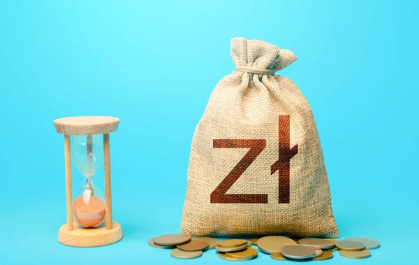 Polish Zloty Money Bag Hourglass Placing Deposit Bank Profitability Return — Stok fotoğraf