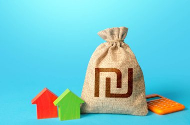 Israeli shekel money bag and small houses. Property appraisal, realtor services. Investments in real estate. Bank offer of mortgage loan. Sale of housing. Buy. Rental business. Fair market price