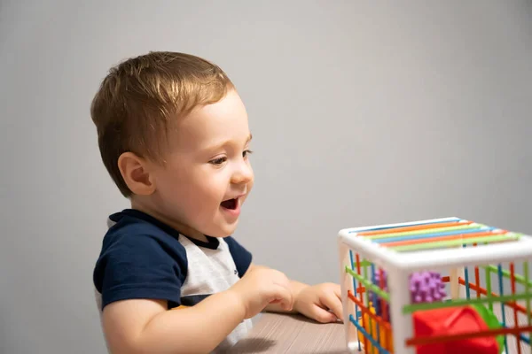 Egy Boldog Kisgyerek Játszik Egy Játékot Érzéki Színes Golyókkal Érzékszervi — Stock Fotó