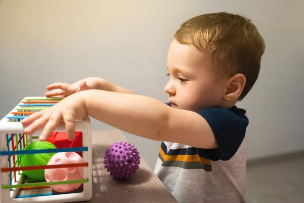 Egy Aranyos Kisgyerek Játszik Egy Játékot Érzéki Színes Golyókkal Érzékszervi — Stock Fotó