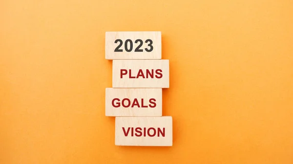 2023 sözcüğüyle tahta bloklar, planlar, hedefler, vizyon. Hedef belirleniyor, gelecek yılın hedefi. Planlar ve görevler. Şirketteki mali yönetim. İş ve finans kavramı
