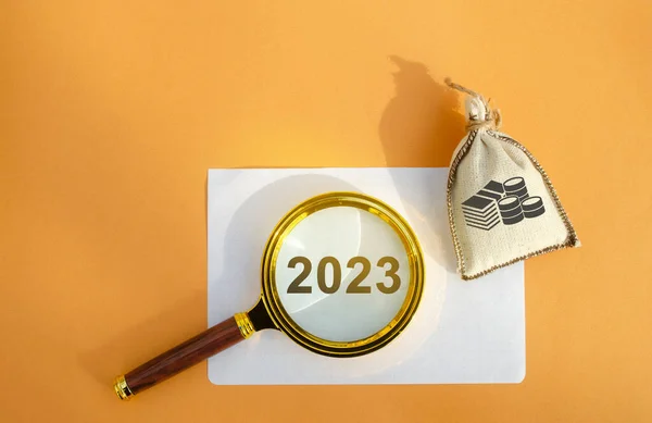 2023 Nagyító Pénzeszsák Költségvetési Tervezés Következő Évre Pénzügyi Irányítás Társaságban — Stock Fotó