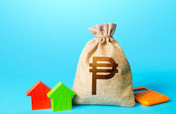 Philippine Peso Money Bag Small Houses Bank Offer Mortgage Loan — Stock Photo, Image