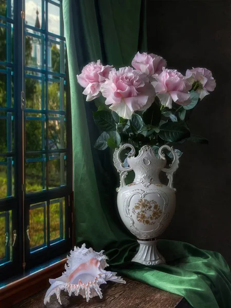 Nature Morte Avec Bouquet Roses Roses — Photo