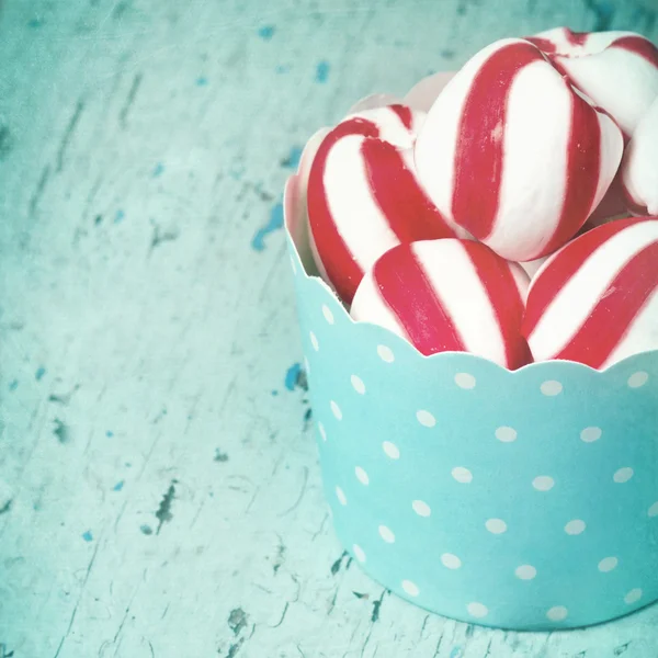Peppermint candy in light blue paper cupcake — Stock Photo, Image