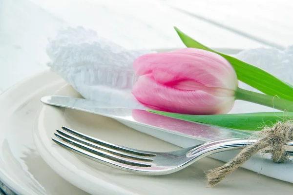 Крупним планом рожевий тюльпан в сільській обідній обстановці — стокове фото