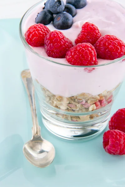 Nahaufnahme Joghurt, Müsli und Beeren — Stockfoto