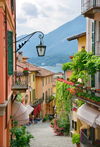 Picturesque small town street view in Bellagio, Lake Como Italy