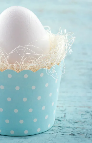 White easter egg in a blue cupcake cup — Stockfoto