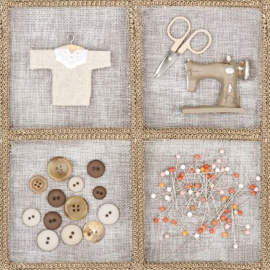 Sewing items on brown background clipart