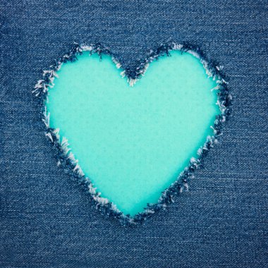 Turquoise vintage heart on blue denim fabric clipart