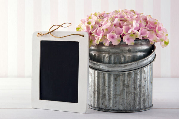 Blackboard for copy space with hydrangea flowers