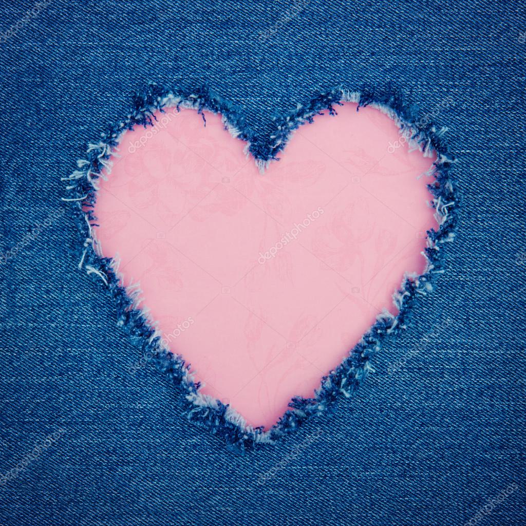 Pink vintage heart on blue denim fabric ⬇ Stock Photo, Image by