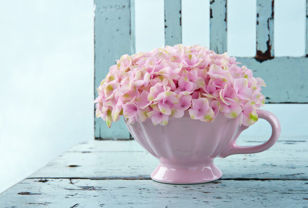 Cup full of pink hydrangea on vintage chair