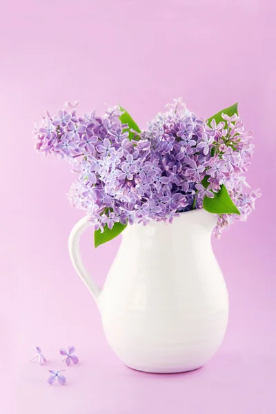 Vaso branco com um buquê de flores lilás roxas — Fotografia de Stock