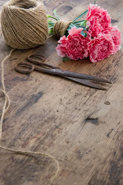 Carnation-roze bloemen met een roestige antieke schaar — Stockfoto