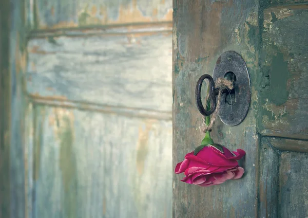 Red rose hanging from an old key — Stock Photo, Image