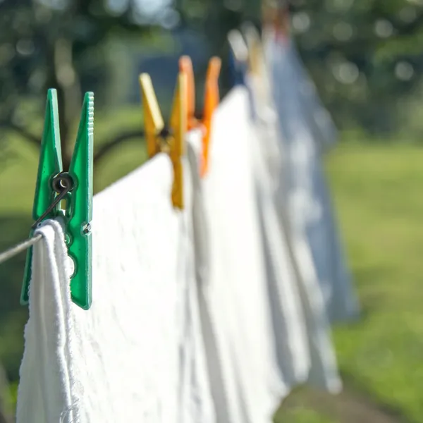 Asciugatura del bucato bianco su una clothesline Fotografia Stock