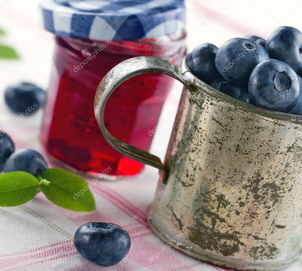 Blueberry jam in a glass jar