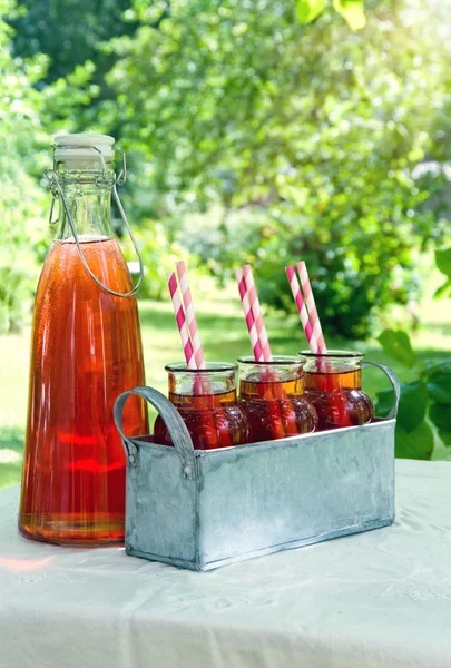 Red strawberry juice with striped straws — Stock Photo, Image