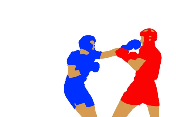 Red and blue colored silhouettes of boxing fighters. Kickboxing and sparring. White isolated background — Stock Photo, Image