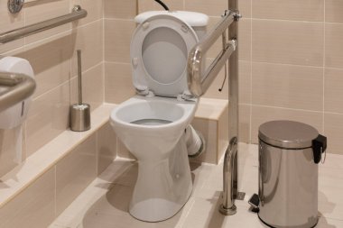 Tuvalet, duş ve engelliler için tırabzan ile donatılmış banyo. Rahatlık ve bakım