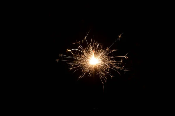 Burning sparkler with sparkles on a long shutter speed. Dark green background decorated with branches if pine — 图库照片