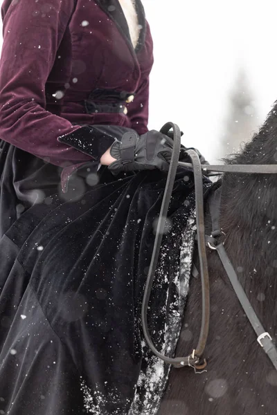 Una jinete hembra montando un caballo en una larga falda de invierno y camisola. —  Fotos de Stock
