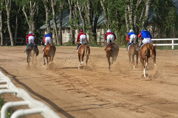 16 de maio de 2021, Rússia, Moscou. Corridas de cavalos árabes na pista de corridas central. Visão traseira. Jóquei de costas para a câmara — Fotografia de Stock