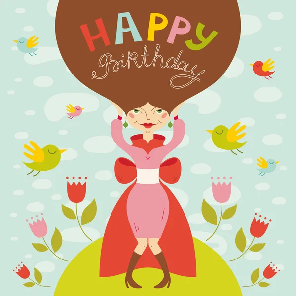 Birthday greeting card with beautiful lady and birds. — Stock Vector