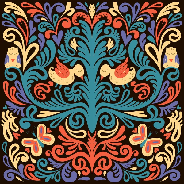 Hermoso patrón floral con búho, pájaro y mariposa — Vector de stock