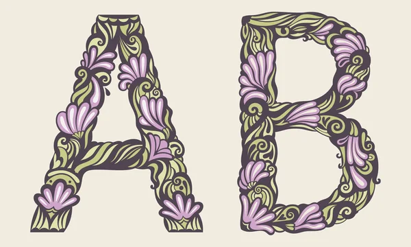 Gekleurde bloemen lettertype. letter a, b — Stockvector