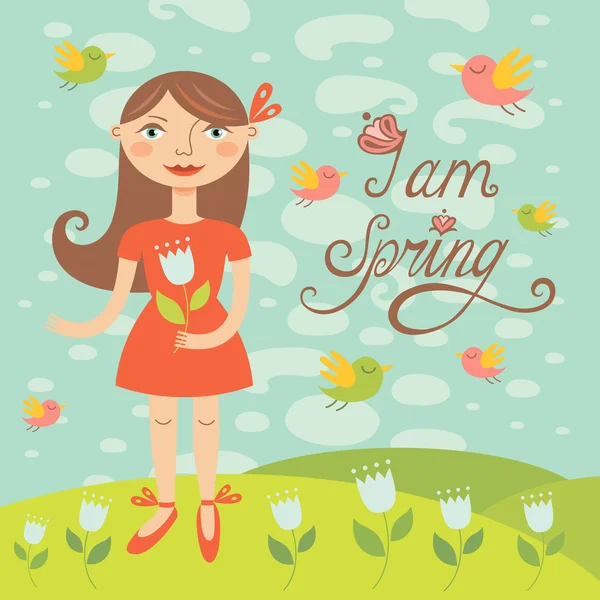Spring girl with birds. Greeting card — Stock Vector