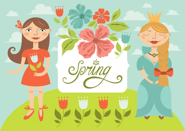Spring girls with flowers. Greeting card — Stock Vector