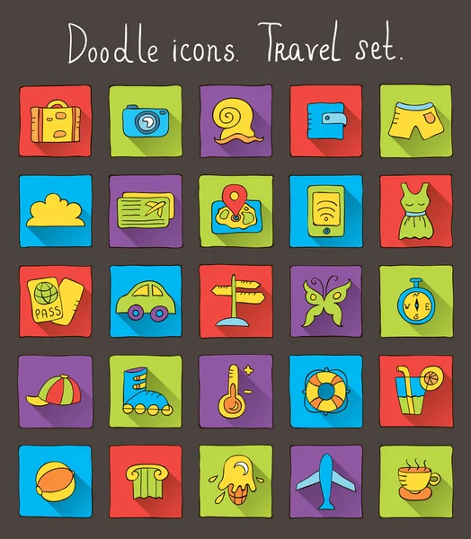 Colored doodle icons with shadow. Travel set — Stock Vector