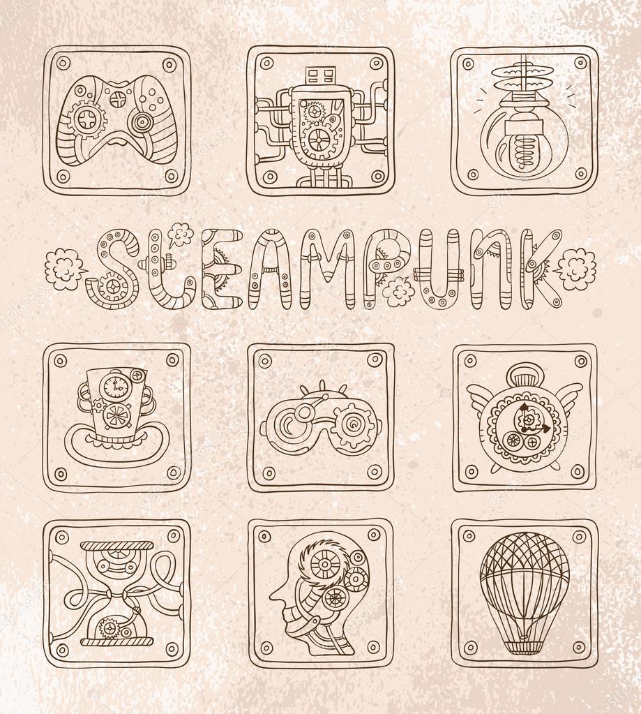 Doodle icons. Steampunk theme