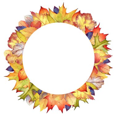 Sonbahar yapraklı suluboya yuvarlak çerçeve ve beyaz arkaplan üzerine kopyalama alanı