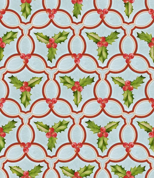 Seamless Pattern Holly Leaves Berries Light Blue Background Beautiful Christmas — Stock Photo, Image