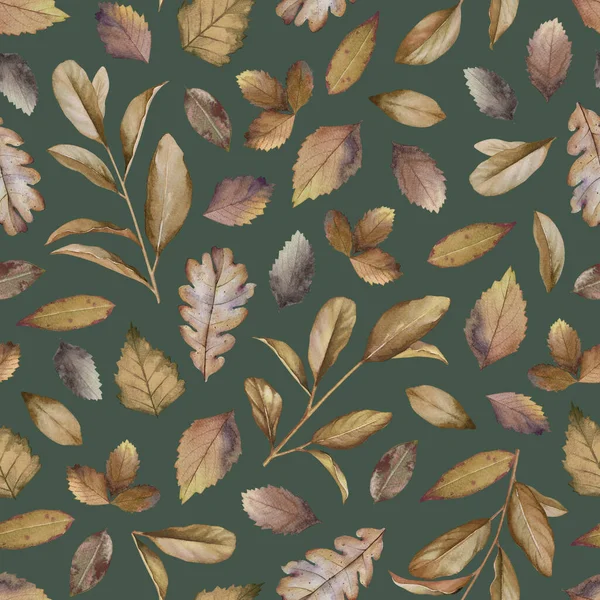 Bezešvé Vzor Akvarel Podzim Suché Listy Zeleném Pozadí — Stock fotografie