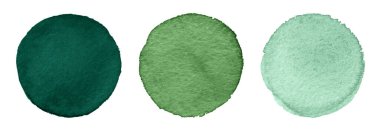 Beyaz zemin üzerinde leke ve kağıt dokusu olan suluboya yeşil yuvarlak fırça darbeleri koleksiyonu.