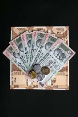 Hint sikkelerinin bileşimi ve siyah arkaplan üzerine 100 ve 10 rupi.